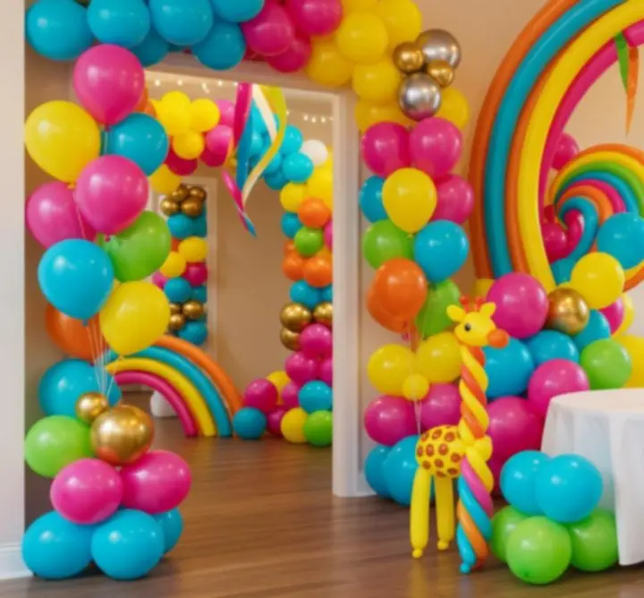 Renkli balonlarla süslenmiş çocuk partisi girişi ve masa arkası