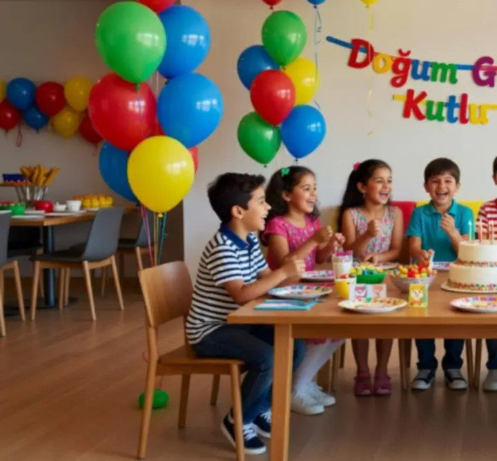 Renkli balonlar ve masa süslemeleriyle hazırlanmış çocuk doğum günü partisi