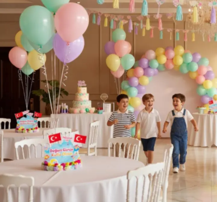 Renkli çocuk parti dekorasyonlarıyla hazırlanmış masa ve balon süslemeleri