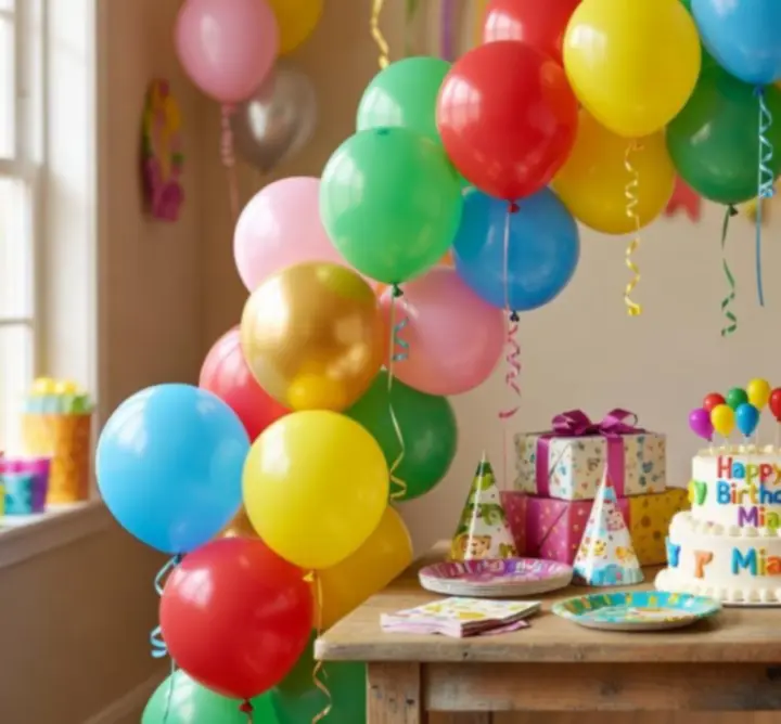Renkli balon kemeri ve masa dekorasyonuyla hazırlanmış çocuk partisi