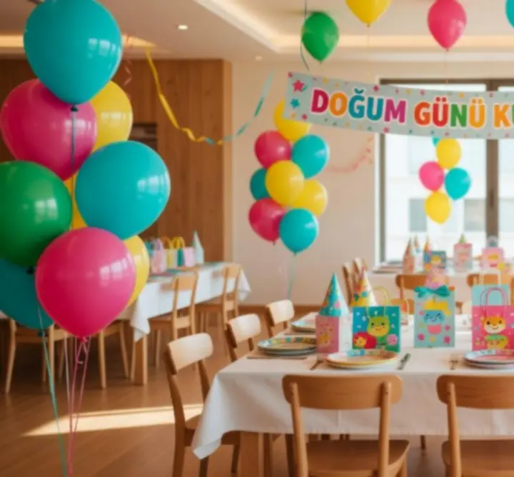 Renkli balonlarla süslenmiş çocuk parti teması
