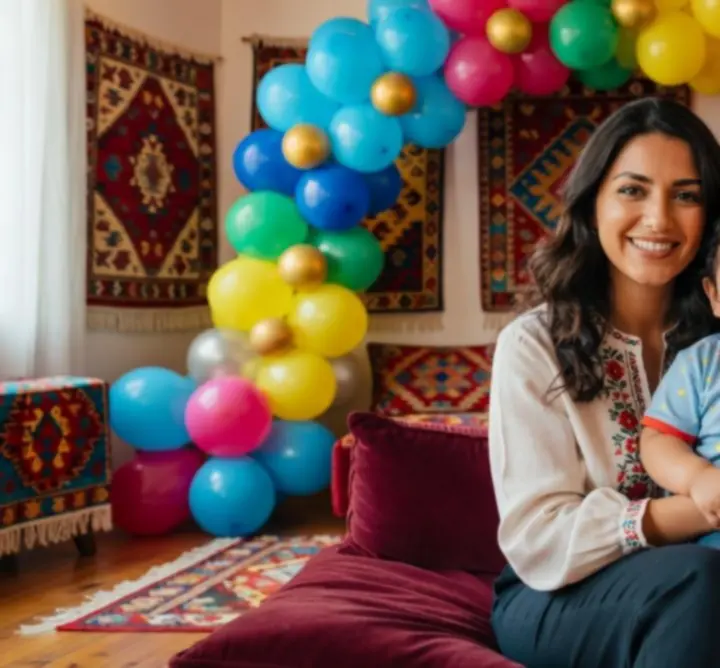 Balonlarla süslenmiş çocuk partisi alanında eğlenen küçük çocuk