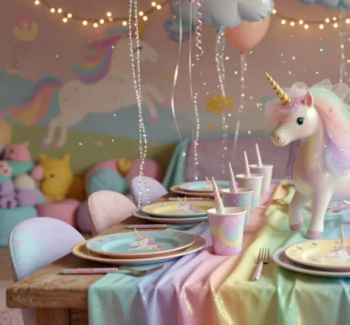 Unicorn temalı renkli süslemelerle hazırlanmış çocuk parti masası